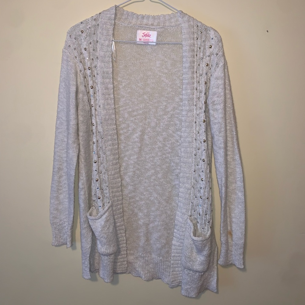 Tan cardigan with silver and gold beads